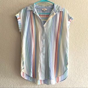 S small white striped button up summer light airy shirt blouse top